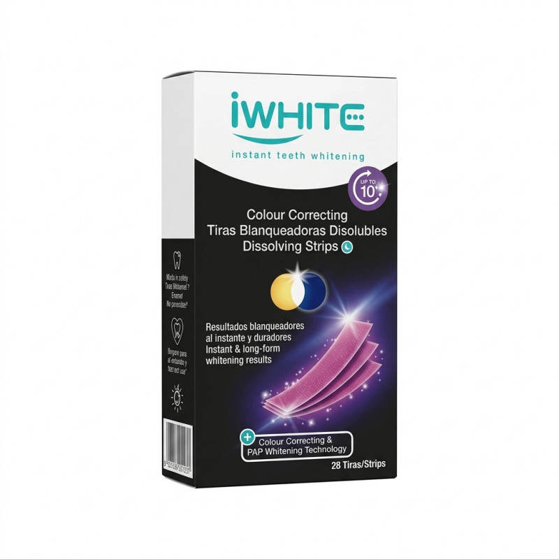 caja de iWhite tiras blanqueadoras disolubles 28 unidades y aplicacion de tiras dentales invisibles iWhite.